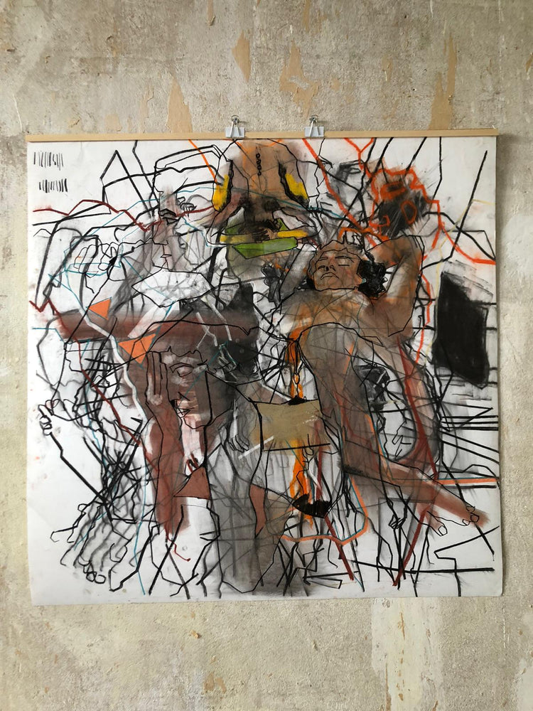 Zeitgenössische Kreidezeichnung mit abstrakten Figuren vom irischen Künstler David Hedderman, 100 × 100 cm, erhältlich bei Frameworks Berlin.