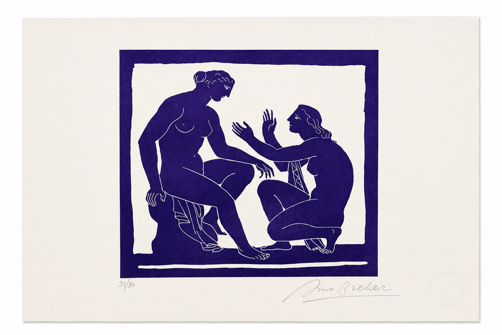 »Dialog der Mädchen« von Arno Breker — Farbholzschnitt dunkelviolett 1978, Edition 31/80, handsigniert, Frameworks Berlin