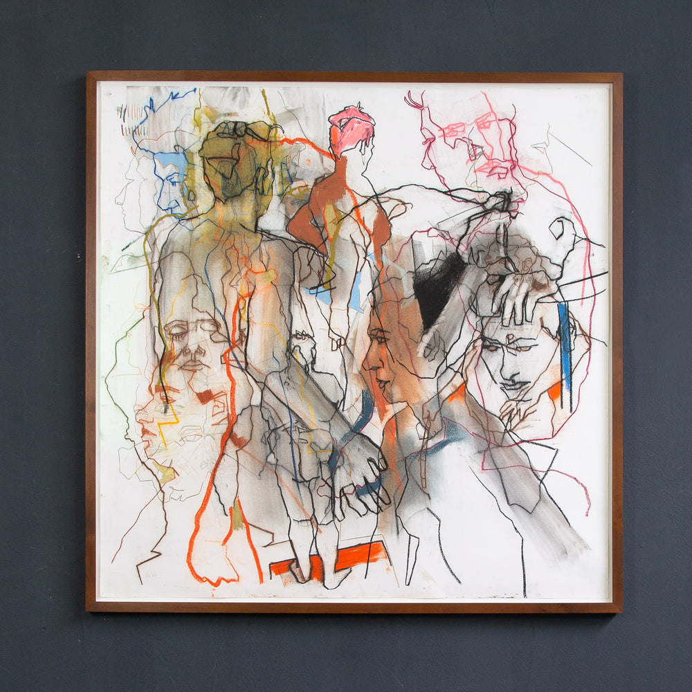 Zeitgenössische Kreidezeichnung mit abstrakten Figuren vom irischen Künstler David Hedderman, 100 × 100 cm, erhältlich bei Frameworks Berlin.“