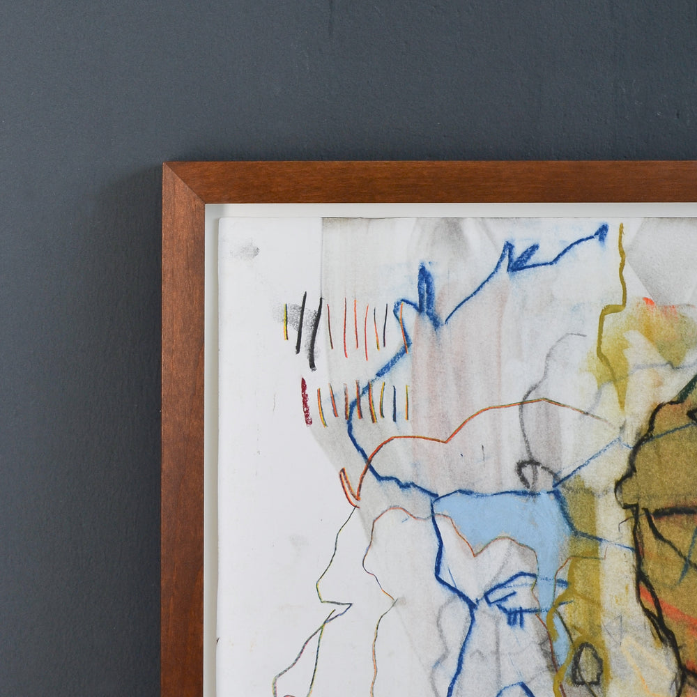 Detailaufnahme eines gerahmten Kunstwerks von David Hedderman mit farbiger Kreide auf Papier in Vollholzrahmung, präsentiert von Frameworks Berlin.