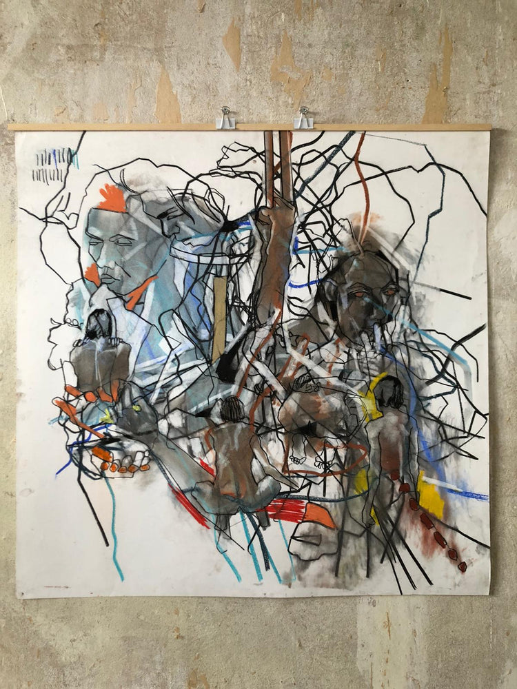 Abstraktes Porträt mit farbiger Kreide auf Papier vom irischen Künstler David Hedderman, 100 × 100 cm, ausgestellt bei Frameworks Berlin.