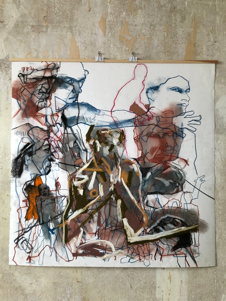Figurative Zeichnung in farbiger Kreide auf Papier vom irischen Künstler David Hedderman, 100 × 100 cm, präsentiert von Frameworks Berlin.