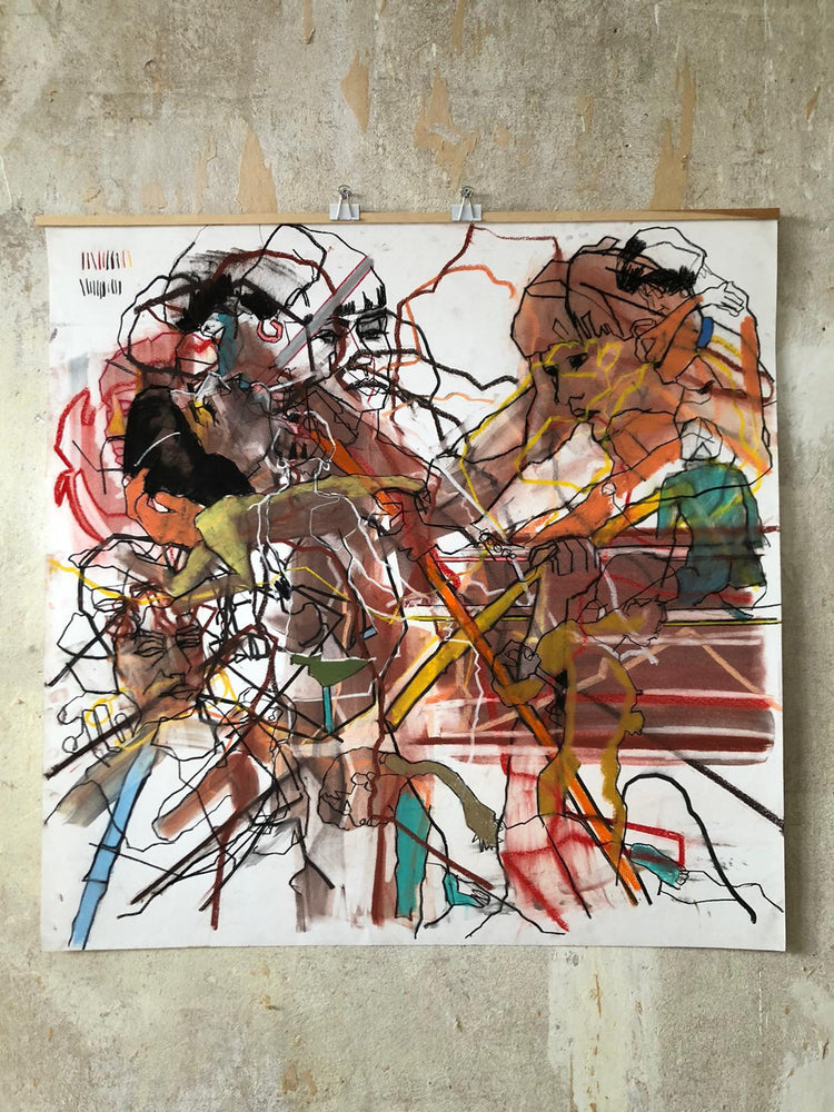 Figurative Zeichnung in farbiger Kreide auf Papier vom irischen Künstler David Hedderman, 100 × 100 cm, präsentiert von Frameworks Berlin.
