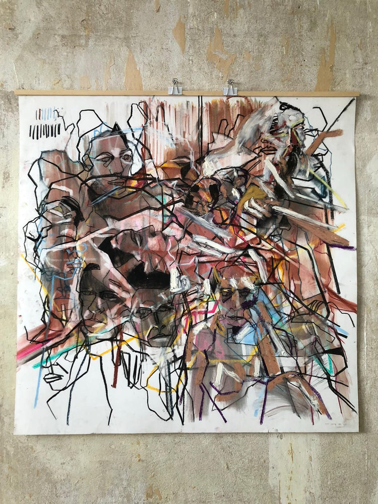 Abstraktes Porträt mit farbiger Kreide auf Papier vom irischen Künstler David Hedderman, 100 × 100 cm, ausgestellt bei Frameworks Berlin.